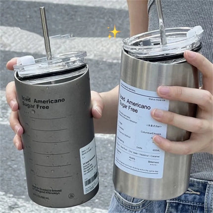 600ml Thermos Cup Stainless Steel Coffee Mug Leak-Proof with Straw