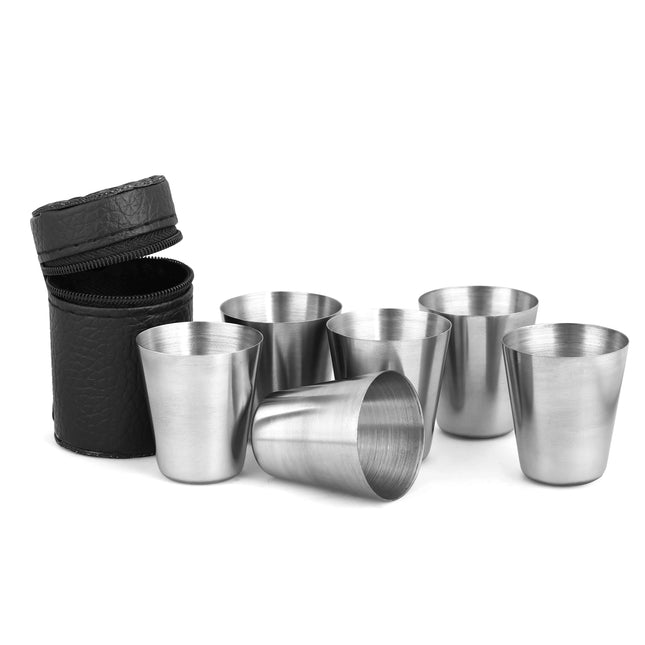 6Pcs Travel Stainless Steel Cups Mini Set with Case for Whisky & Wine