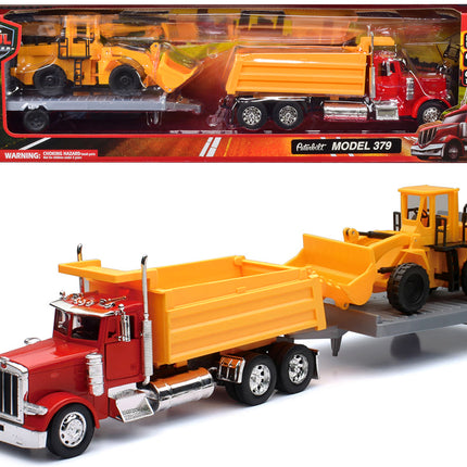 Peterbilt 379 Dump Truck Red and Wheel Loader Yellow with Flatbed Trailer "Long Haul Truckers" Series 1/32 Diecast Model by New Ray