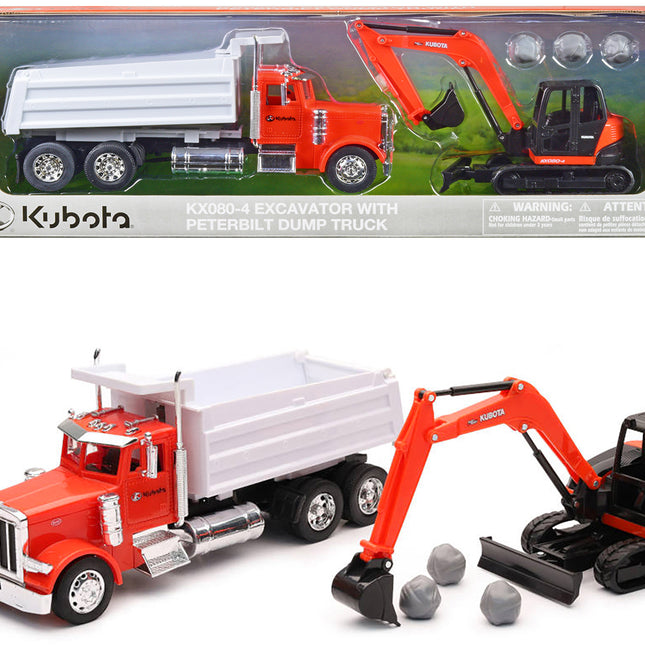 Peterbilt Dump Truck Orange and White and Kubota KX080-4 Excavator Orange and Black with Rocks 1/32 Diecast Model by New Ray