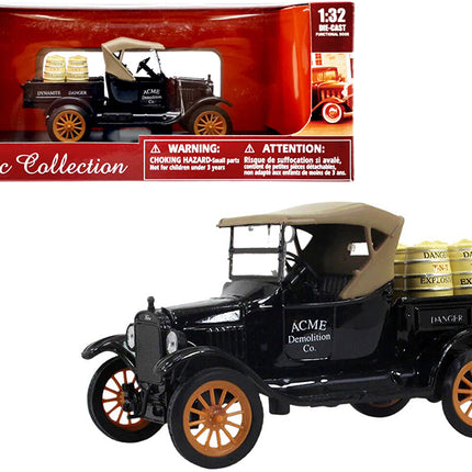 1925 Ford Model T Pickup Truck Black with Tan Top "ACME Demolition Co." with T-N-T Explosive Barrels "Classic Collection" Series 1/32 Diecast Model Car by New Ray