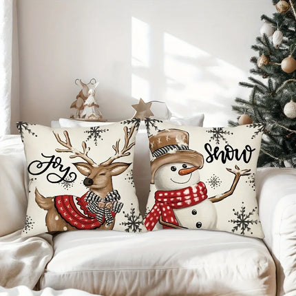 Christmas Pillow Cover with Snowman & Reindeer Pattern for Sofa