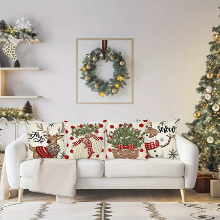 Christmas Pillow Cover with Snowman & Reindeer Pattern for Sofa