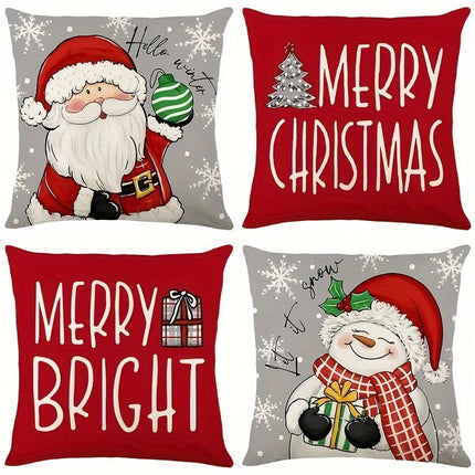 Set of 4 Christmas Pillow Covers with Santa & Snowman Designs