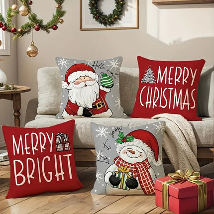 Set of 4 Christmas Pillow Covers with Santa & Snowman Designs