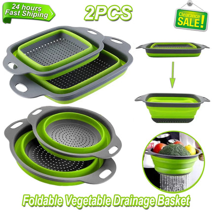 2PCS Silicone Folding Drainer Basket - Foldable Colander for Kitchen