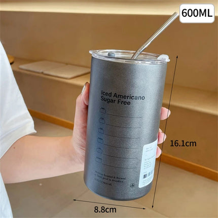 600ml Thermos Cup Stainless Steel Coffee Mug Leak-Proof with Straw