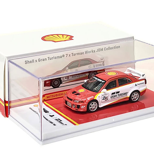 1998 Mitsubishi Lancer Evolution V GSR RHD (Right Hand Drive) Red and White with Yellow Stripes "Shell x Gran Turismo 7" Special Edition 1/64 Diecast Model Car by Tarmac Works