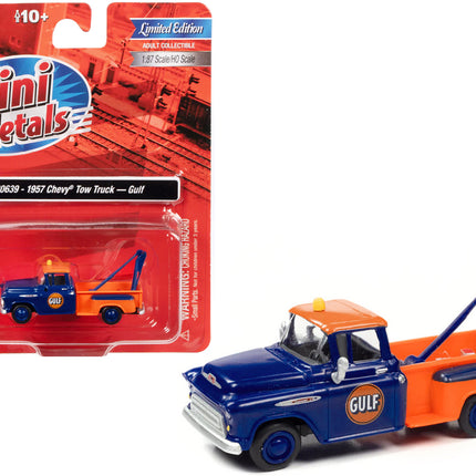 1957 Chevrolet Stepside Tow Truck "Gulf" Blue and Orange 1/87 (HO) Scale Model Car by Classic Metal Works