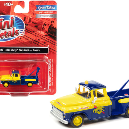 1957 Chevrolet Stepside Tow Truck "Sunoco" Blue and Yellow 1/87 (HO) Scale Model Car by Classic Metal Works