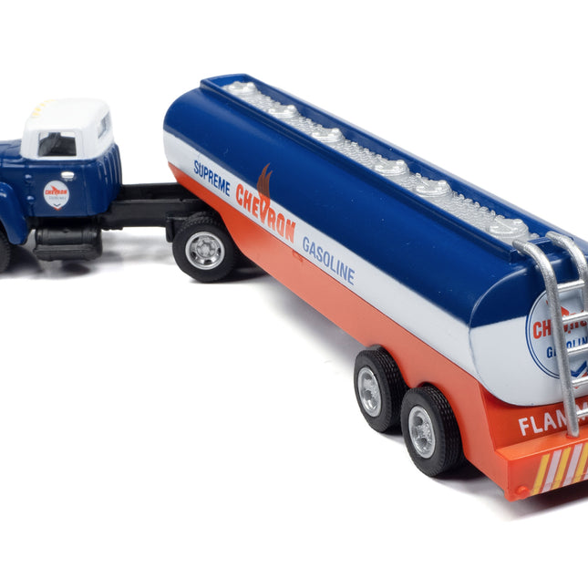 1954 IH R-190 Tractor Blue and White with Tanker Trailer "Chevron Supreme Gasoline" 1/87 (HO) Scale Model Truck by Classic Metal Works