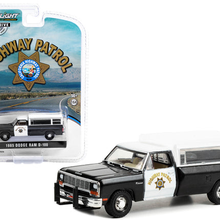 1985 Dodge Ram D-100 Pickup Truck Black and White "California Highway Patrol" with Camper Shell "Hobby Exclusive" Series 1/64 Diecast Model Car by Greenlight