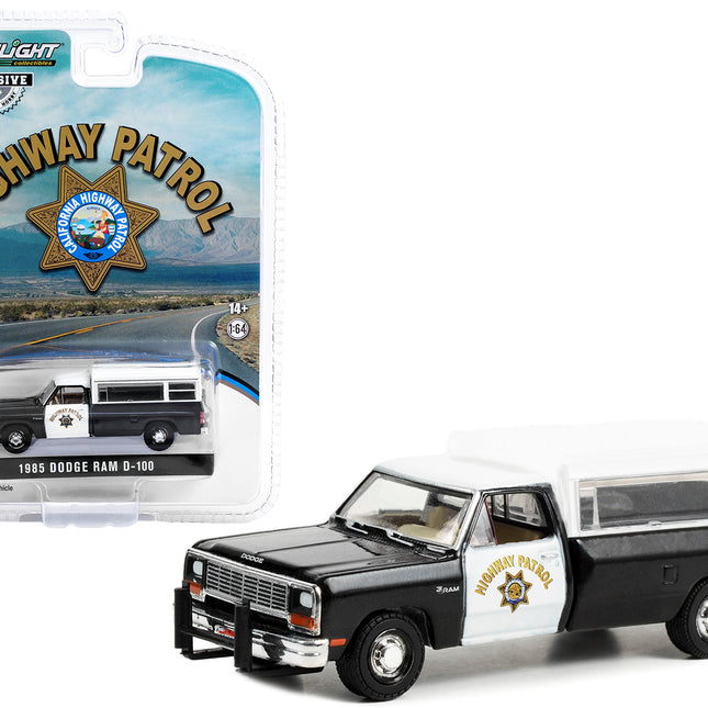 1985 Dodge Ram D-100 Pickup Truck Black and White "California Highway Patrol" with Camper Shell "Hobby Exclusive" Series 1/64 Diecast Model Car by Greenlight