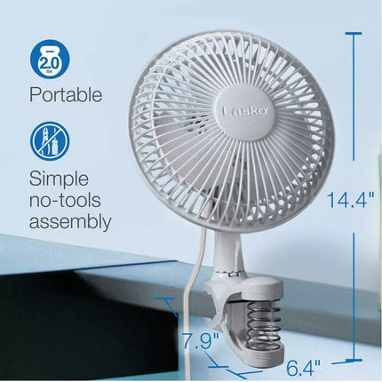 Lasko Mini Cooling Clip Fan 2-Speeds White Desk Table Quiet Small Office Corded